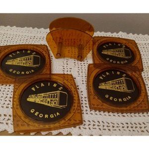 Vintage Amber Plastic Plains Georgia Souvenir Coasters Made in Hong Kong